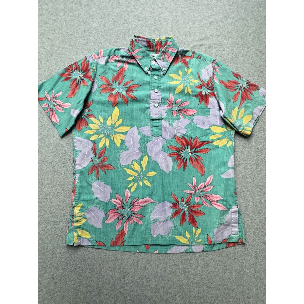 Reyn Spooner Shirt Mens M Cyan Floral Pullover Aloha Hawaii Gold Label Vtg USA